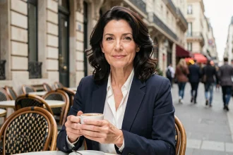 Portrait élégant d'une femme française à la terrasse d'un café parisien, ambiance éditoriale