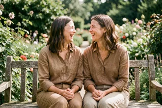 Deux sœurs jumelles adultes riant ensemble sur un banc dans un jardin botanique, illustrant la gémellité héréditaire