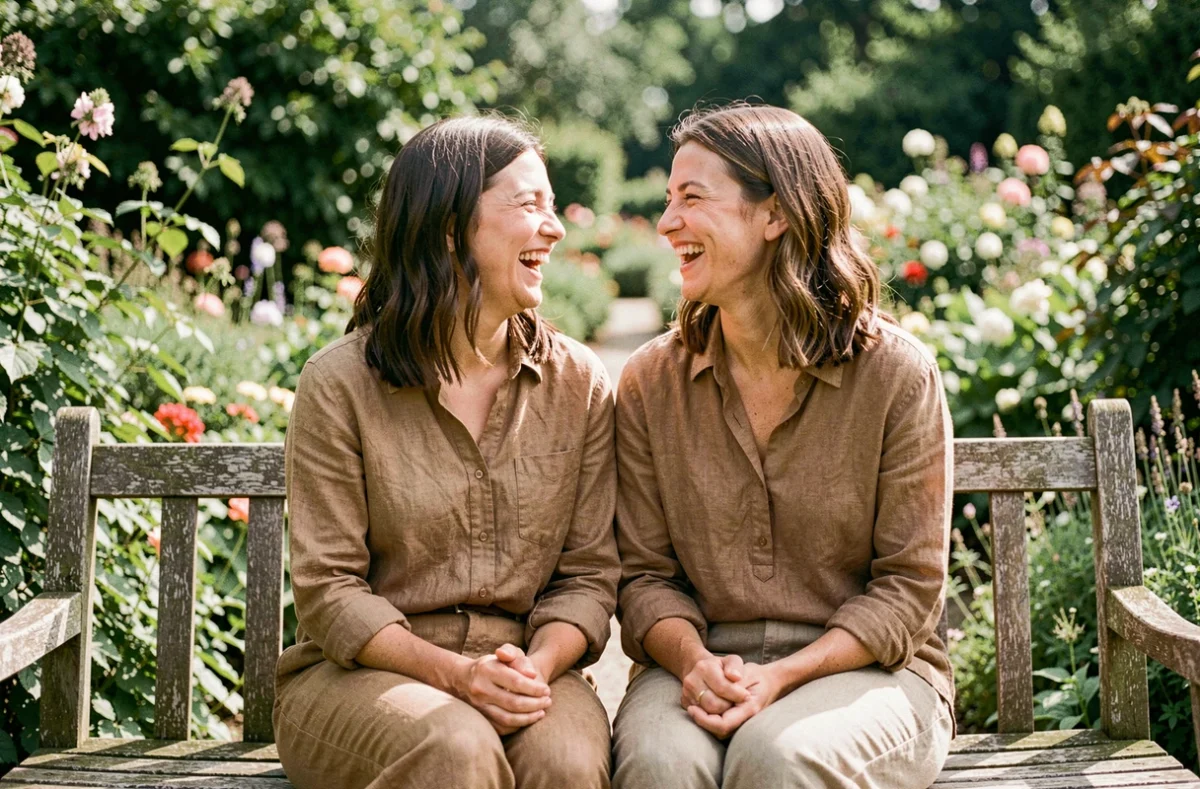 Deux sœurs jumelles adultes riant ensemble sur un banc dans un jardin botanique, illustrant la gémellité héréditaire