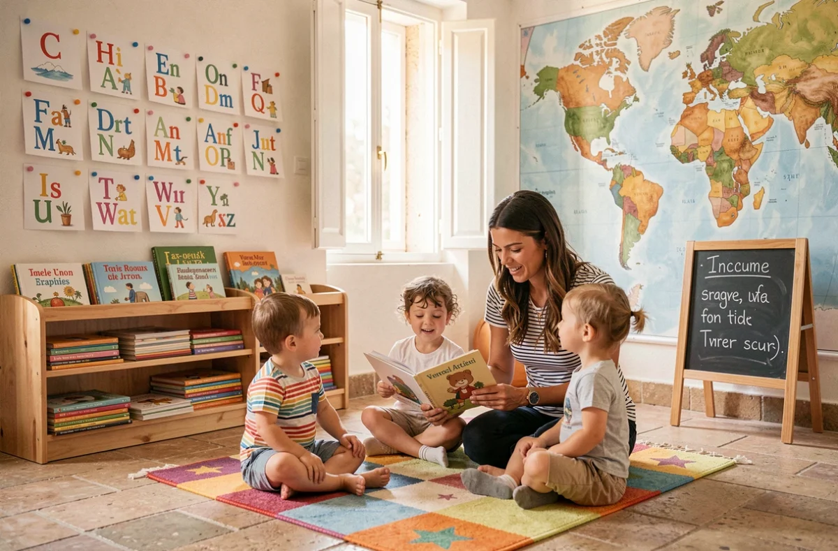 Éducatrice lisant un livre bilingue à des enfants dans la micro-crèche La Cabane d'Achille et Camille à Aix-en-Provence