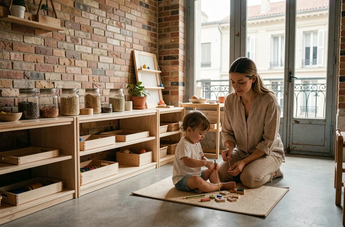 Environnement pédagogie active à la micro-crèche Lavorel Kids à Marseille avec matériaux Montessori et éducatrice observant un enfant