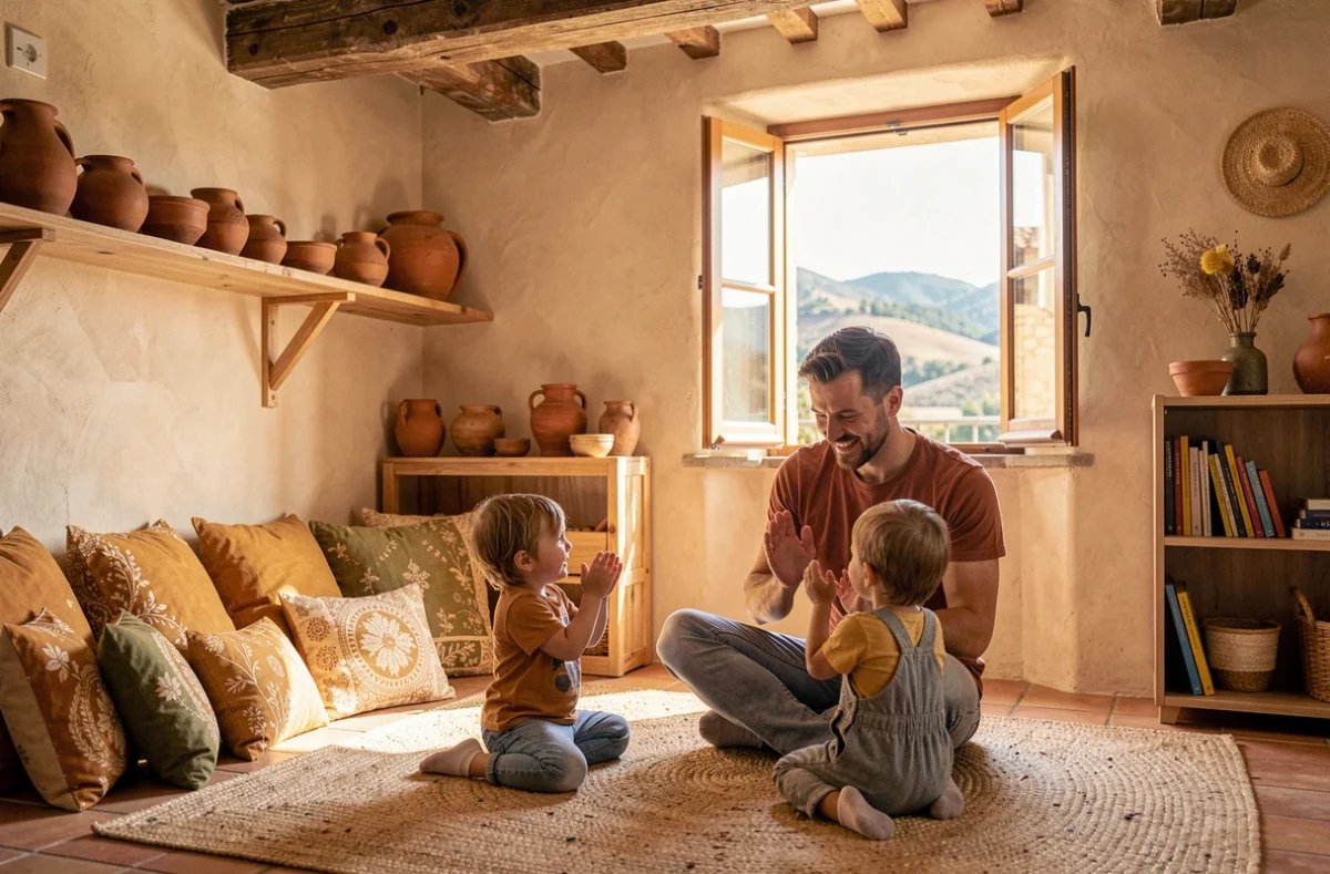 Éducateur jouant avec des enfants dans la micro-crèche Les Bambins d'Abord à Draguignan dans le Var avec décor provençal