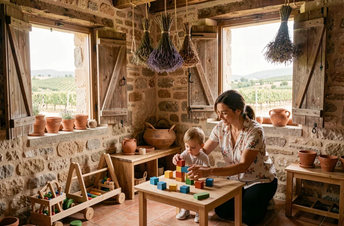 Micro-crèche rurale Les Petites Bouilles à Sérignan-du-Comtat avec décor provençal authentique et éducatrice accompagnant un enfant