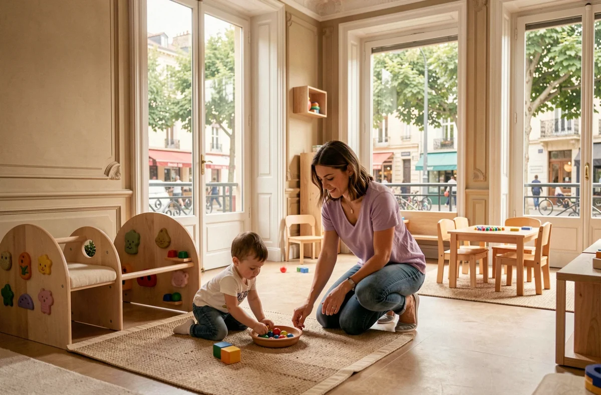 Espace inclusif de la micro-crèche Les Petits Chaperons Rouges à Aix-en-Provence avec éducatrice et enfants en activité coopérative