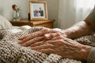 Mains d'une mère âgée tenues par sa fille en signe d'adieu et d'amour, illustration poème décès maman