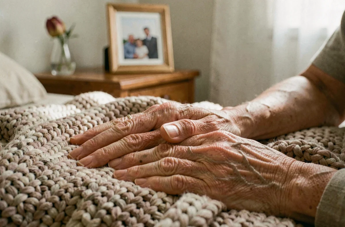 Mains d'une mère âgée tenues par sa fille en signe d'adieu et d'amour, illustration poème décès maman