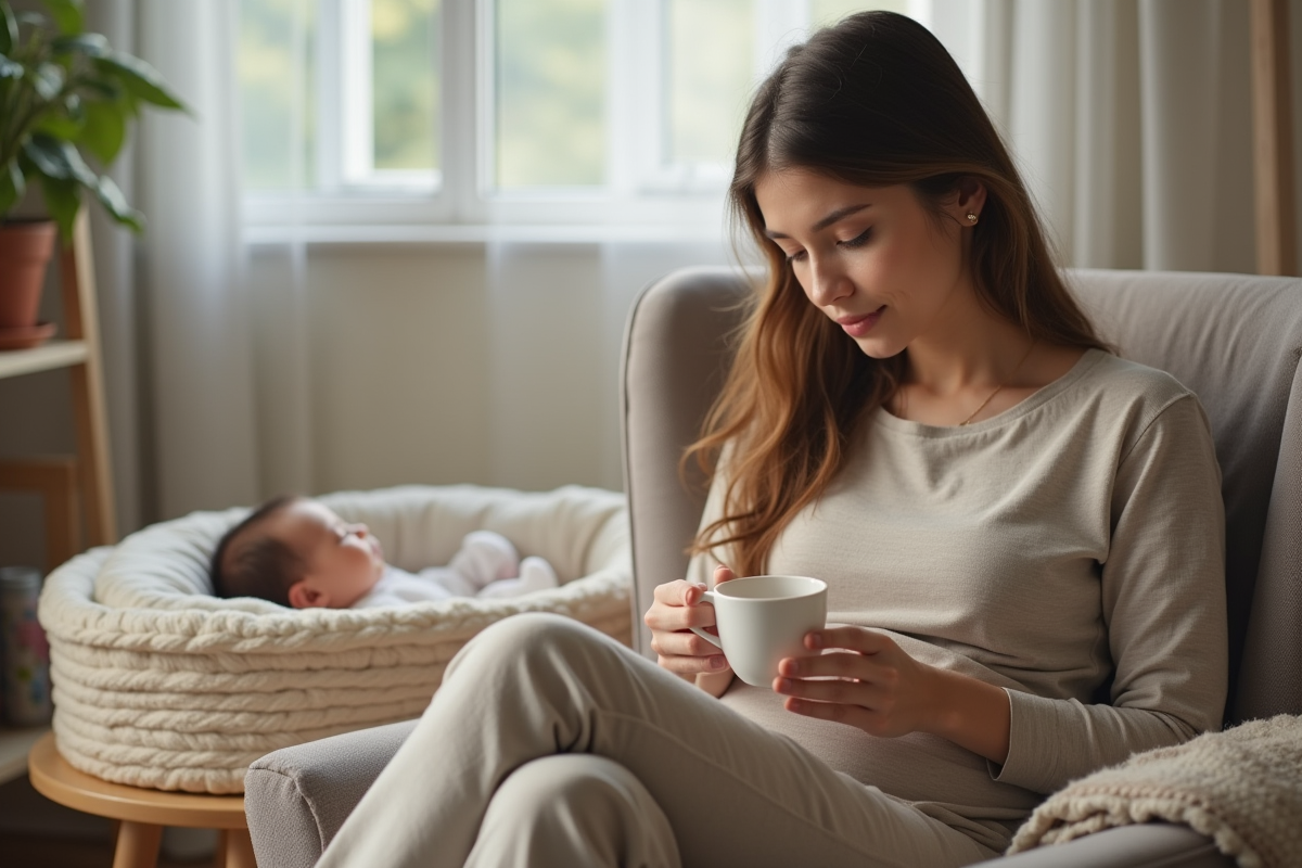 Jeune maman pensant avec son bébé endormi à côté
