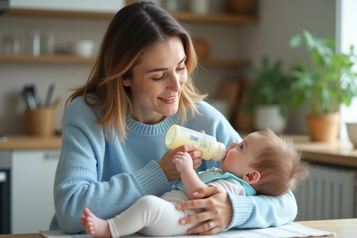 Jeune maman donnant du lait épaissi à son bébé dans la cuisine