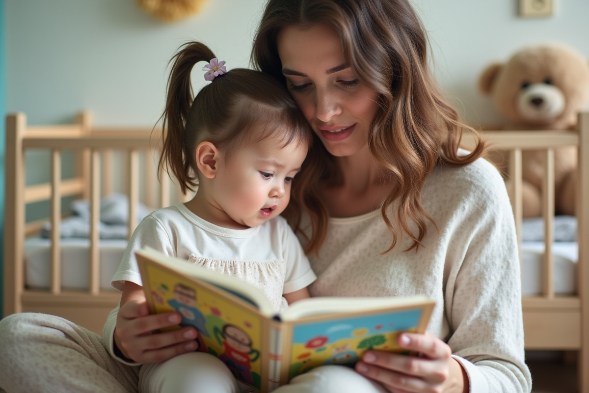 Jeune maman lit un livre coloré à sa bébé assise dans un berceau