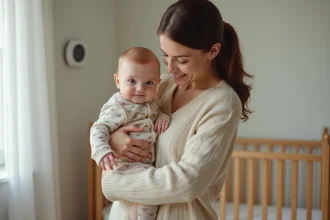 Jeune maman vérifiant le thermostat avec son bébé