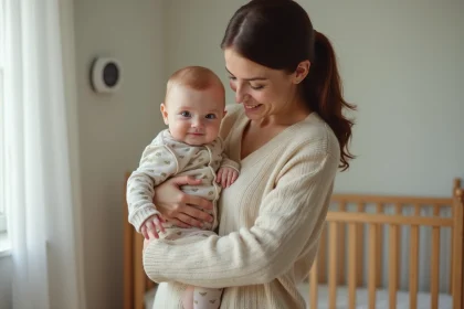 Jeune maman vérifiant le thermostat avec son bébé