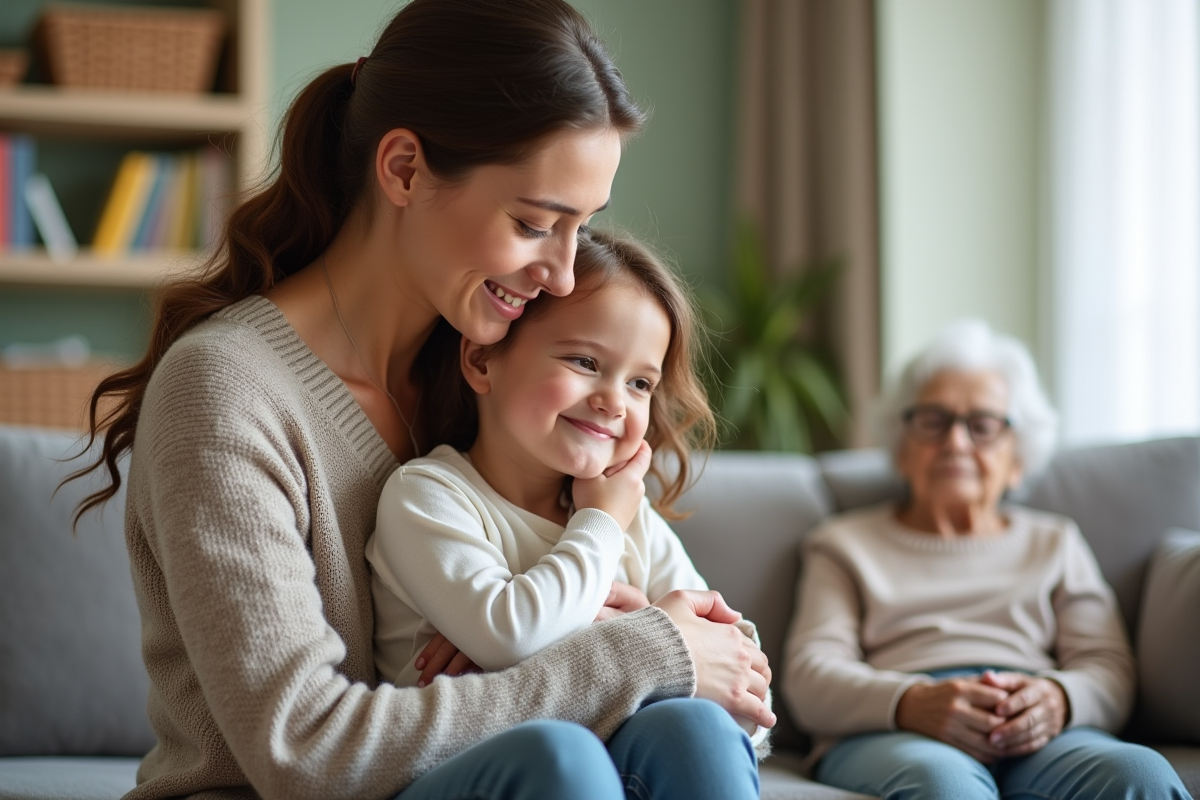 Maman protectrice avec sa fille dans un salon moderne
