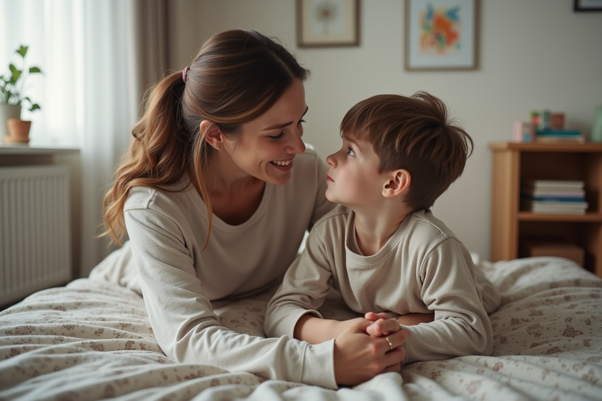 Maman rassure son fils dans une chambre chaleureuse