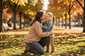 Une marraine agenouillée dans un parc en automne qui murmure tendrement à l'oreille de sa filleule souriante
