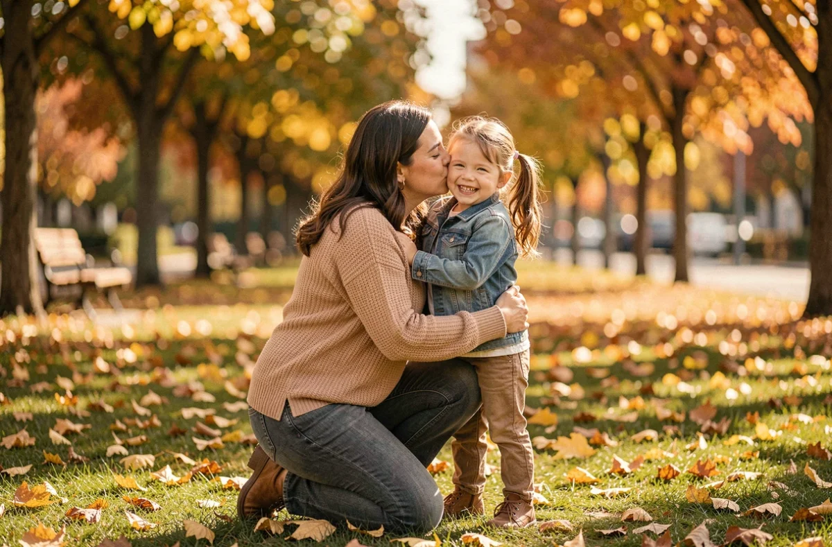 Une marraine agenouillée dans un parc en automne qui murmure tendrement à l'oreille de sa filleule souriante