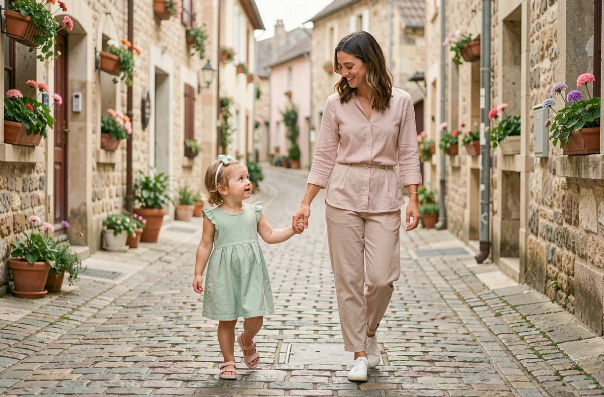 Une marraine tenant tendrement les mains de sa petite filleule en bas âge lors d'une promenade dans un village aux pavés en pierre