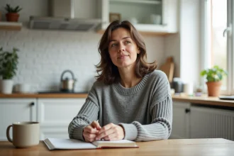 Mère trentenaire réfléchissant à son organisation du quotidien dans une cuisine scandinave, carnet et tasse en main, symbolisant la charge mentale maternelle