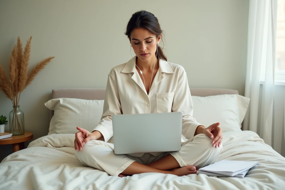 Femme travaillant sur son ordinateur portable dans une chambre minimaliste apaisante, représentant la recherche d'équilibre personnel et professionnel pour les mères