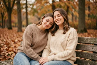 Deux meilleures amies assises sur un banc en bois dans un parc automnal, se souriant avec tendresse et complicité