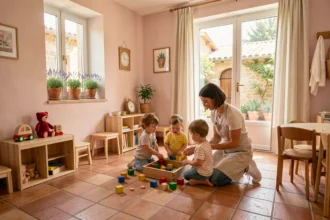 Intérieur chaleureux d'une micro-crèche en Provence avec une éducatrice et des enfants en train de jouer