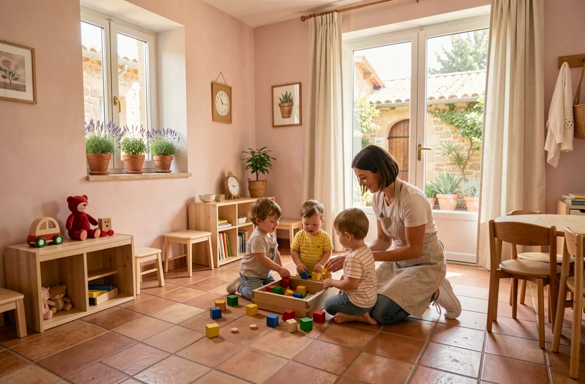 Intérieur chaleureux d'une micro-crèche en Provence avec une éducatrice et des enfants en train de jouer