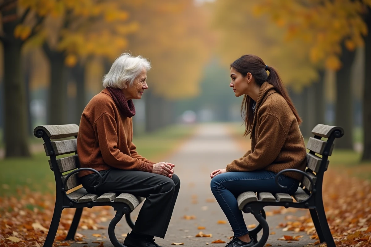 Mère âgée et fille adulte assises sur un banc de parc avec un espace entre elles, illustrant la tension et la distance émotionnelle dans les relations parent-enfant adulte