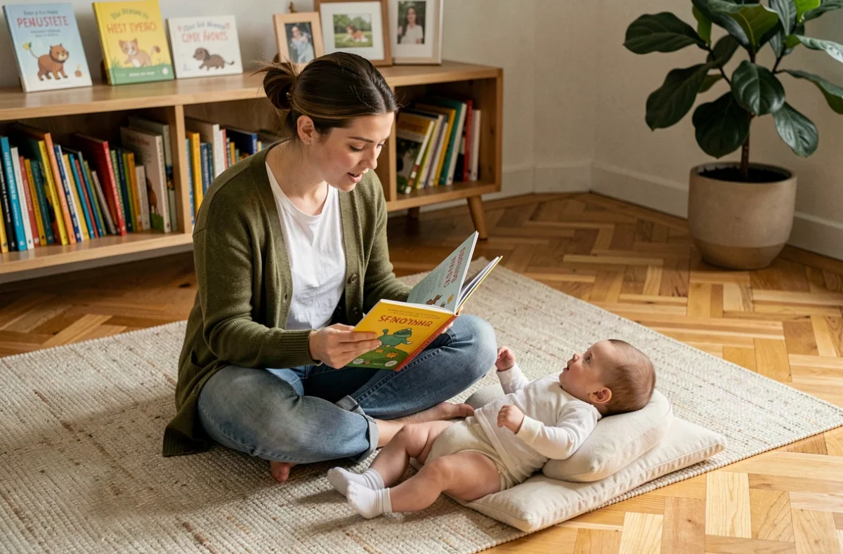 Mère lisant un livre illustré à son bébé assis sur un tapis de jeu dans le salon familial