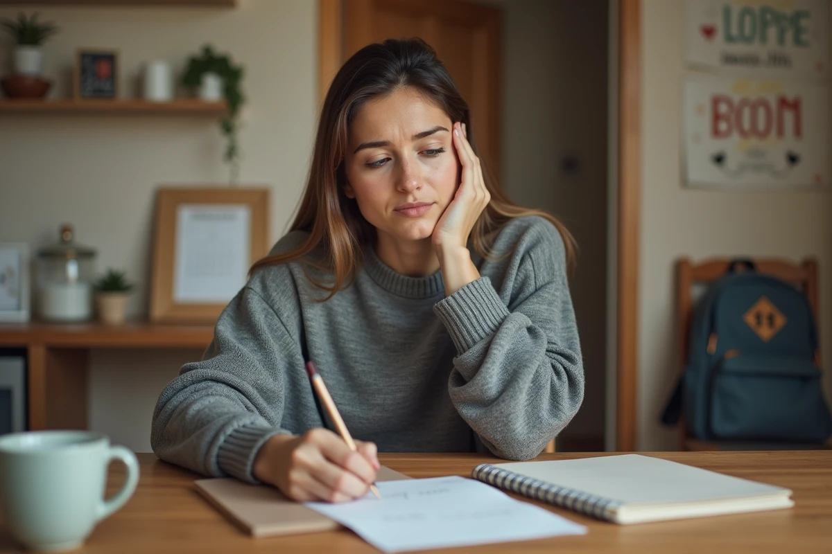 Mère écrivant une lettre d'absence pour l'école à la table de cuisine familiale