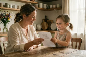 Mère recevant un poème manuscrit de sa fille pour la fête des mères dans une cuisine chaleureuse