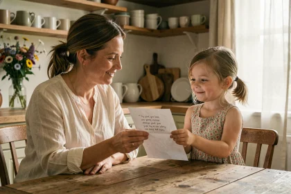 Mère recevant un poème manuscrit de sa fille pour la fête des mères dans une cuisine chaleureuse