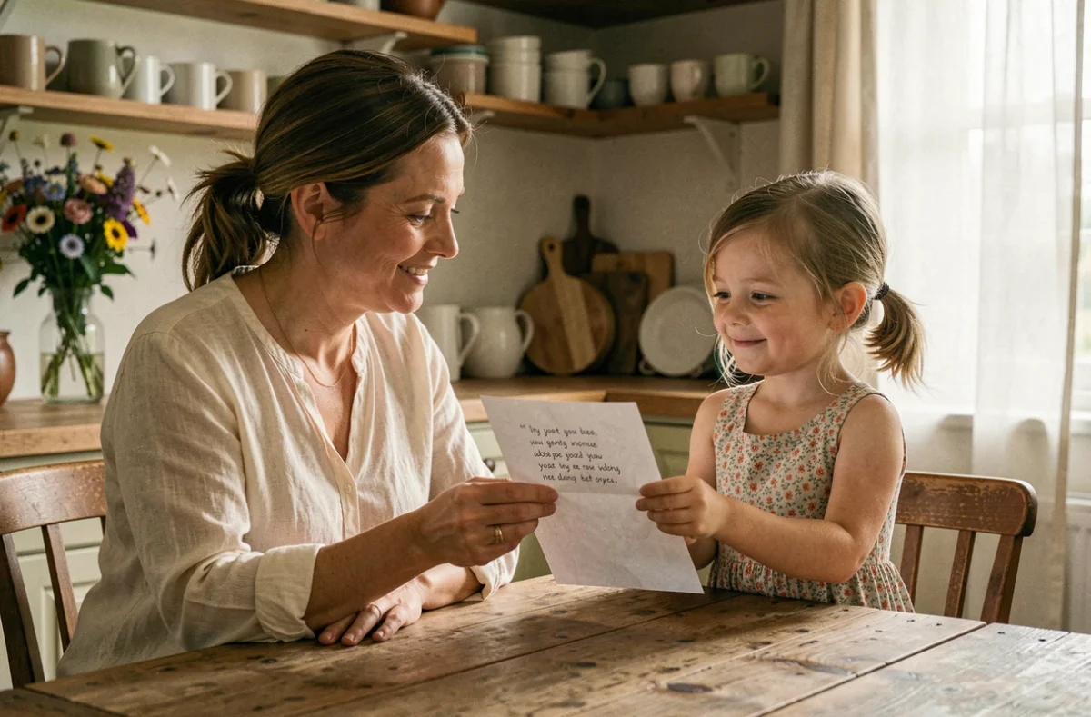 Mère recevant un poème manuscrit de sa fille pour la fête des mères dans une cuisine chaleureuse