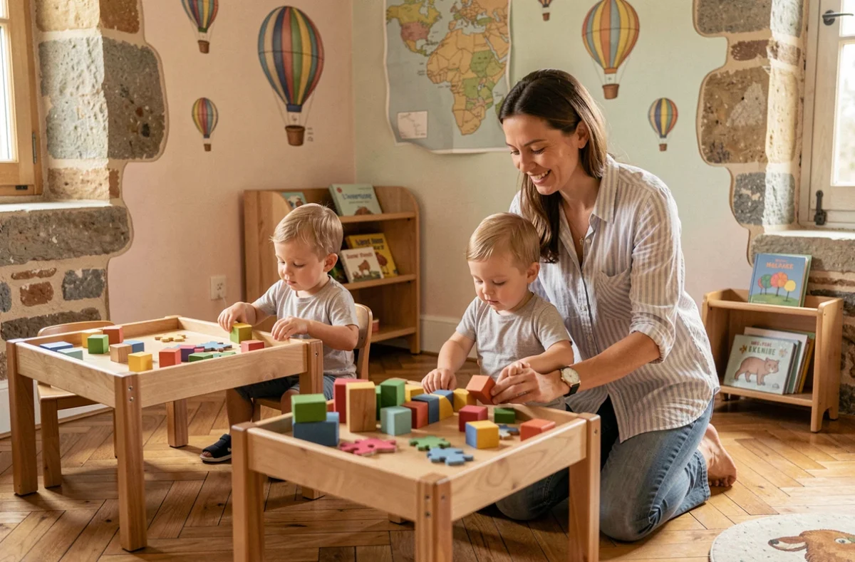 Éducatrice de la micro-crèche L'Aventure à Escoville guidant des tout-petits dans une salle de jeux décorée de motifs d'aventure