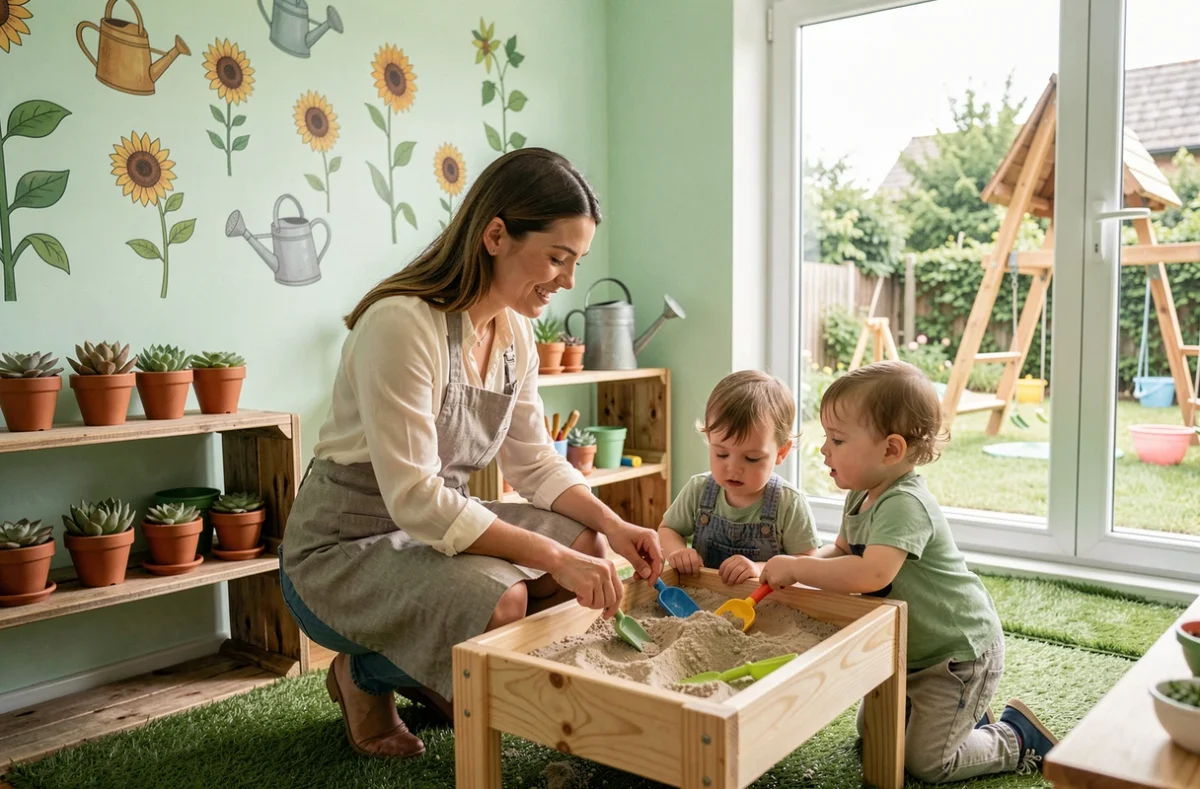 Éducatrice animant une activité sensorielle avec des tout-petits dans la micro-crèche Les Jeunes Pousses à Nonancourt