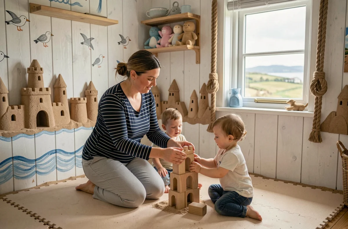 Éducatrice et enfants construisant une tour de blocs dans la micro-crèche Les Jeunes Pousses Sandcastle à Granville