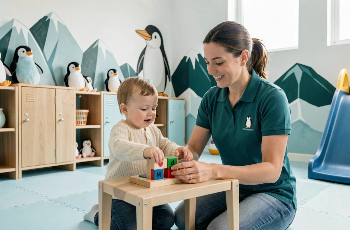 Puéricultrice aidant un enfant avec un jeu de tri de formes dans la micro-crèche Little Manchot à Montebourg
