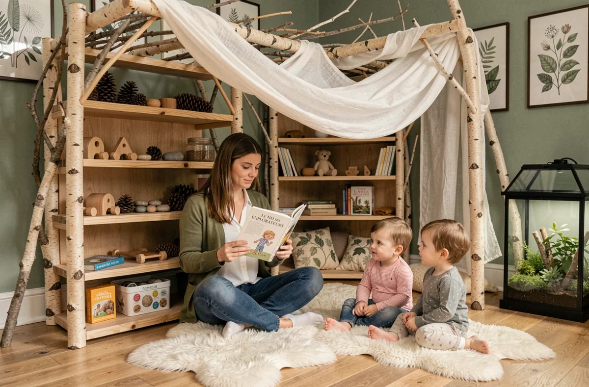 Éducatrice lisant un livre à des enfants dans le coin lecture nature de la micro-crèche Le Nid des Explorateurs à Sannerville