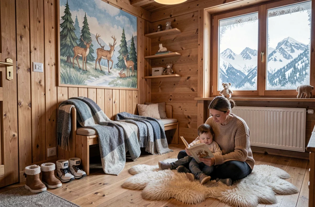 Micro-crèche Mon P'tit Loup à Gap avec décor montagnard alpin et éducatrice lisant à un enfant près d'une fenêtre enneigée
