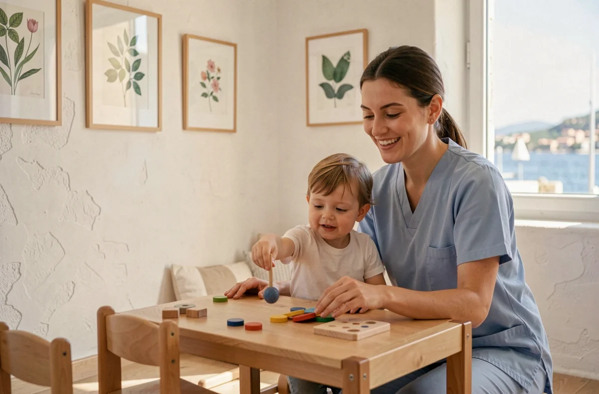 Éducatrice accompagnant un tout-petit dans une activité sensorielle dans la micro-crèche Ô Premiers Pas à Antibes