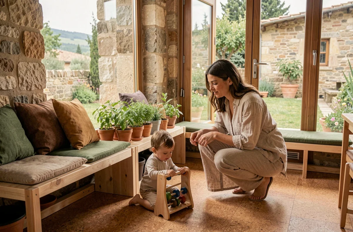 Espace éco-responsable de la micro-crèche Ô Rêves de Tess à La Colle-sur-Loup avec matériaux naturels et jardin provençal