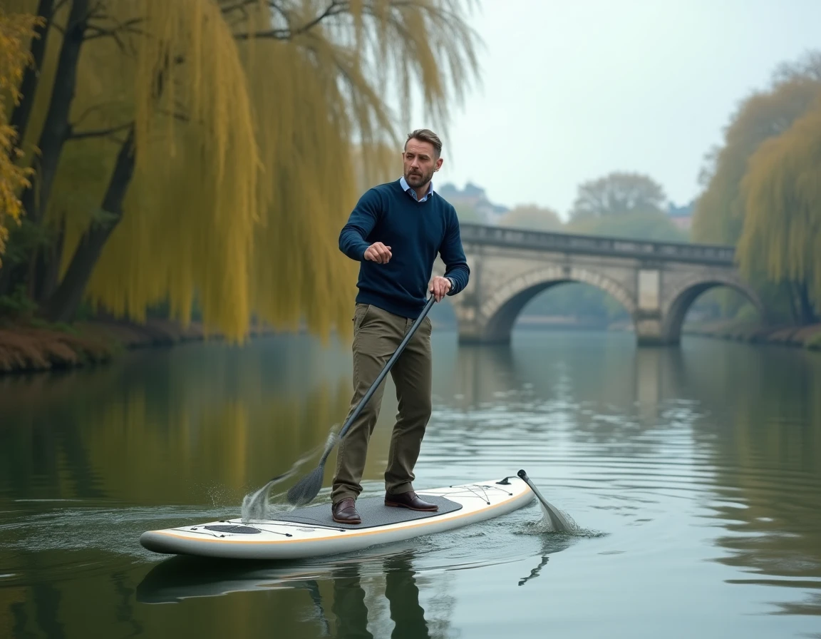 Homme en équilibre sur un paddleboard sur la Seine en Île-de-France, activité de plein air insolite le week-end
