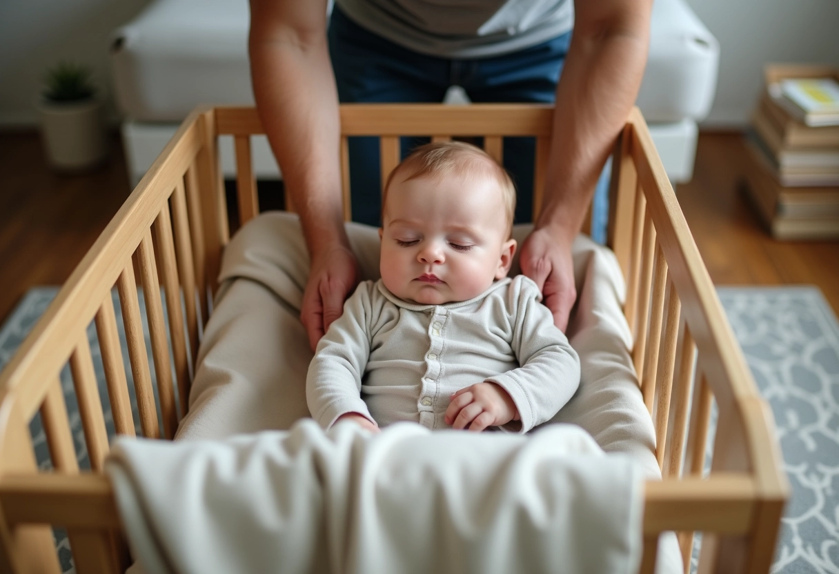 Père déposé tendrement son tout-petit dans le lit