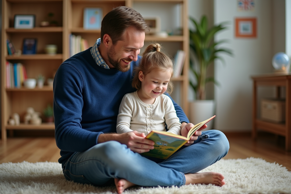 Père souriant lisant un livre à sa fille dans le salon