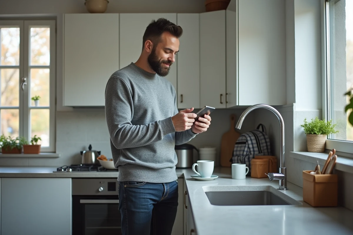 Père de famille consultant le portail famille de Meudon sur smartphone dans la cuisine