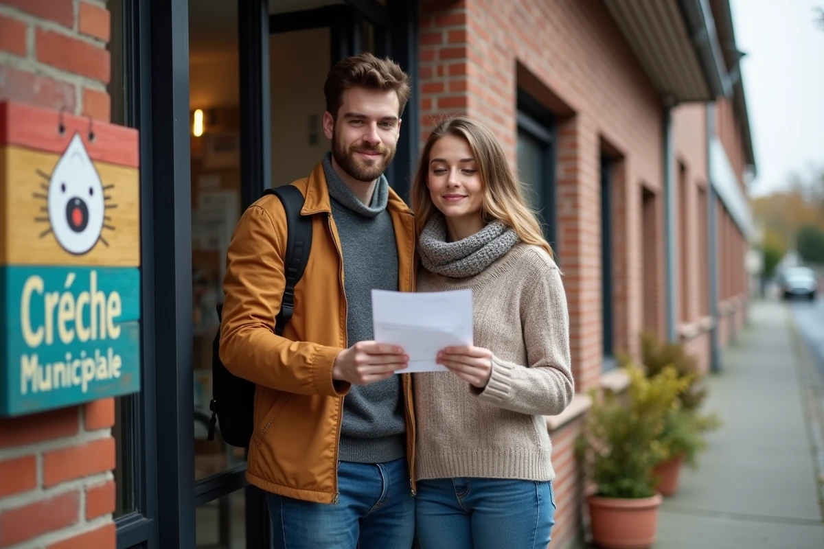 Couple de parents consultant une liste devant l'entrée d'une crèche municipale en ville