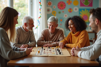 Parents jouant à un jeu de société en famille dans un salon coloré
