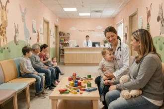 Salle d'attente d'un cabinet de pédiatrie en Normandie avec une pédiatre souriante et des familles