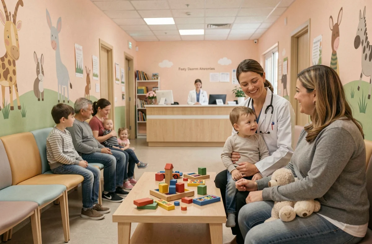 Salle d'attente d'un cabinet de pédiatrie en Normandie avec une pédiatre souriante et des familles