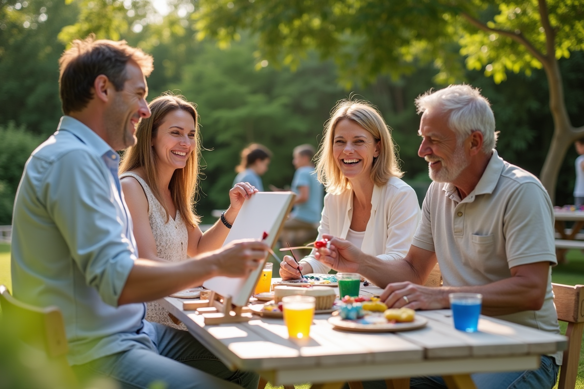 Parents peignant en extérieur dans un jardin verdoyant