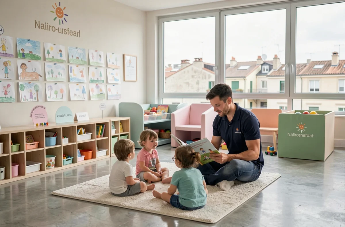 Éducateur lisant un livre à des enfants dans la micro-crèche People and Baby à Nice avec décor moderne et organisé