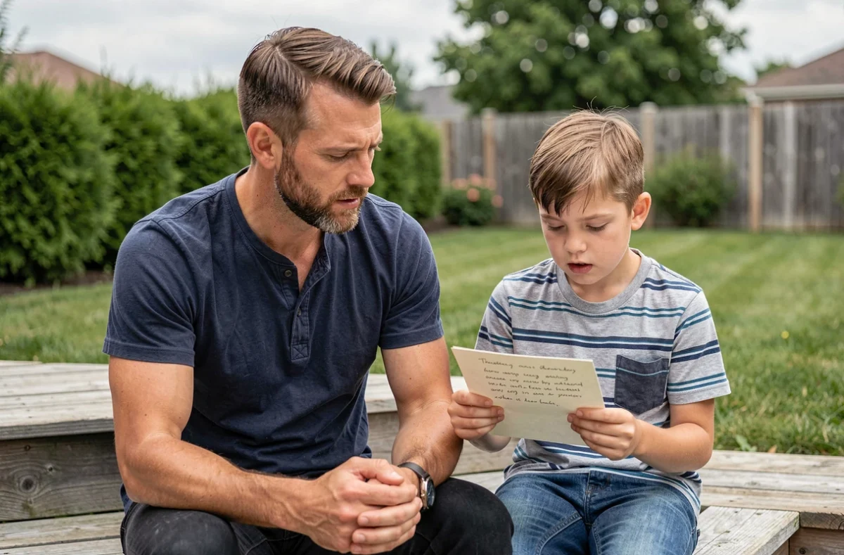 Père écoutant son fils lire un poème pour la fête des pères assis sur les marches d'un porche